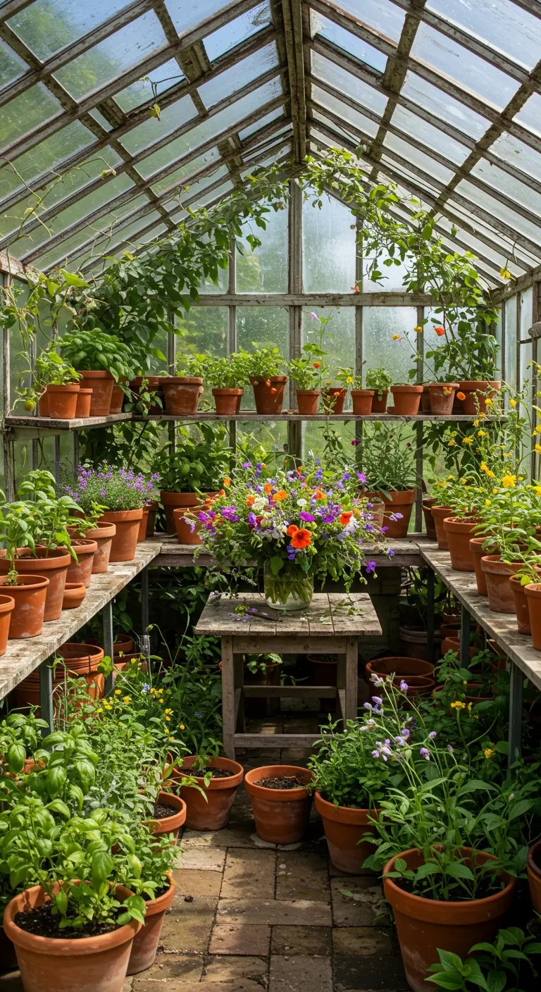 Intérieur de serre rempli d'étagères de pots en terre cuite avec diverses plantes et un grand bouquet de fleurs.