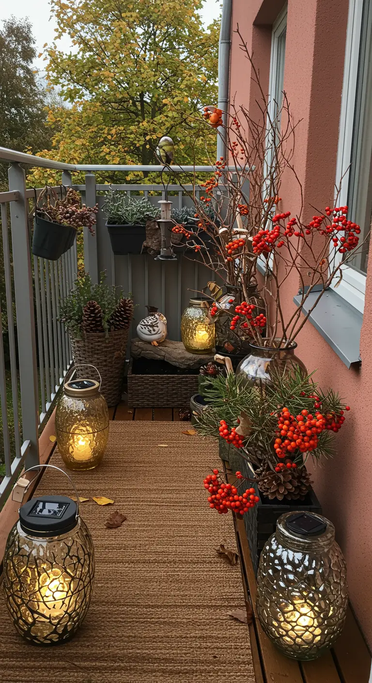 Balcon rustique avec branches de baies rouges, pommes de pin et lanternes solaires.