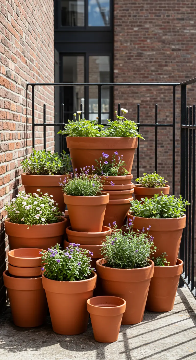Nombreux pots en terre cuite de tailles variées, remplis de fleurs et d'herbes sur un balcon.