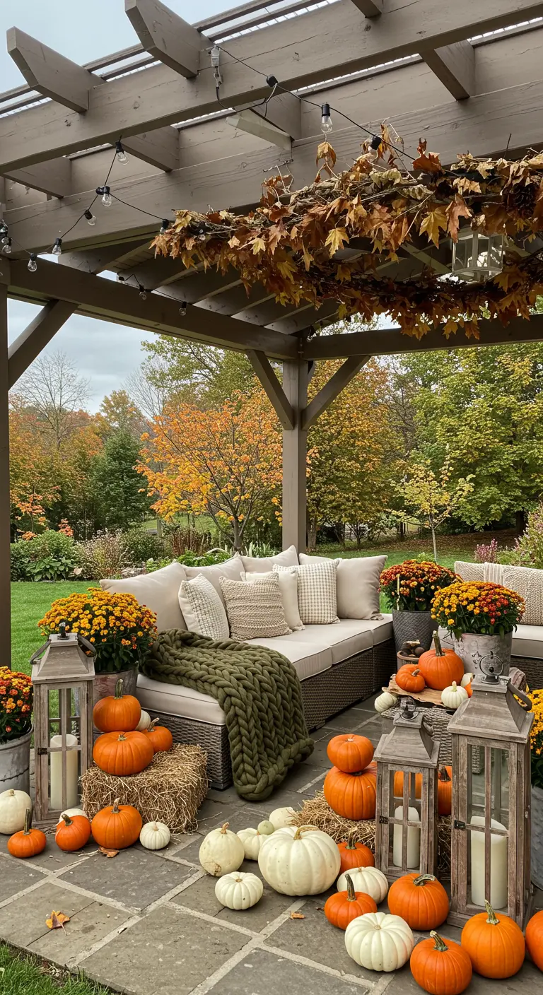 Patio sous une pergola avec canapé d'extérieur, citrouilles, bottes de foin, plaids et lanternes.
