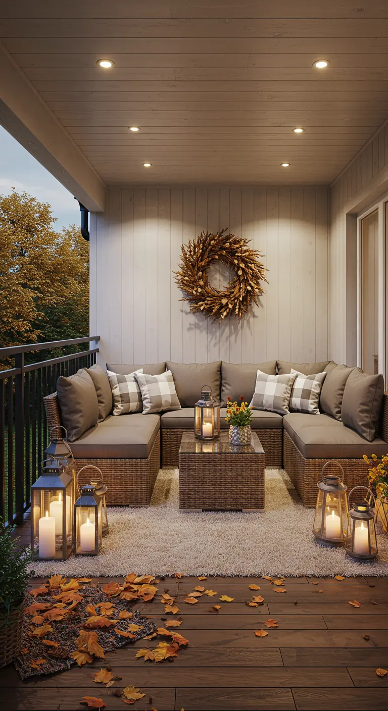 Balcon couvert avec canapé d'angle, tapis moelleux, couronne de blé et lanternes lumineuses.