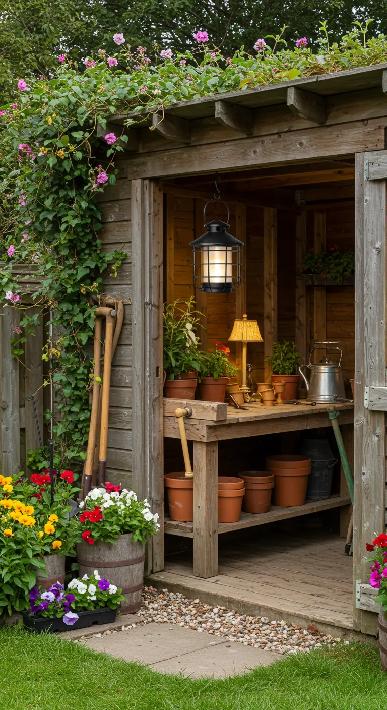Abri de jardin en bois avec un établi, des outils et une lanterne solaire suspendue.