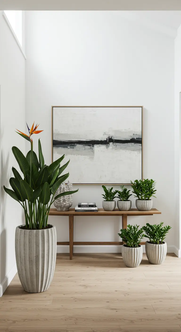 Grands pots cannelés en béton clair et petits pots arrondis avec plantes vertes à l'entrée.