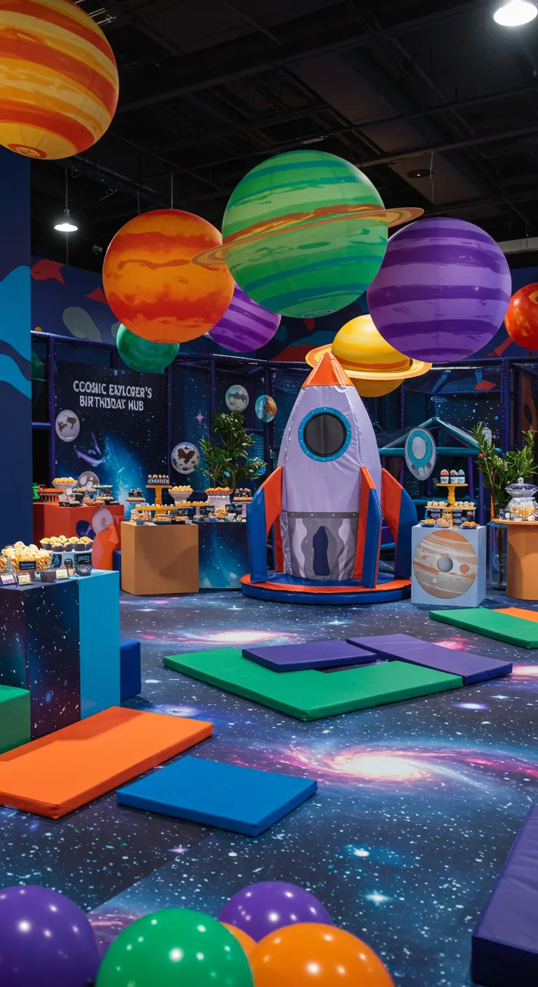 Aire de jeu intérieure avec ballons planètes, fusée en mousse, sol galaxie et blocs colorés.