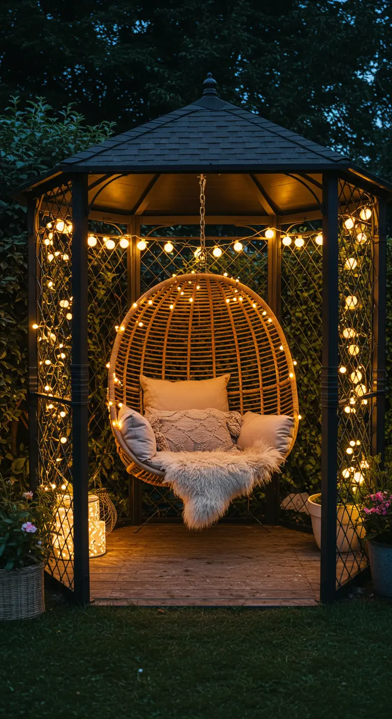 Fauteuil œuf en rotin dans un gazebo illuminé par des guirlandes lumineuses et des lanternes.