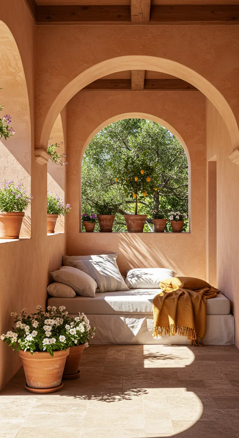 Alcôve ombragée avec un lit de repos confortable, coussins moelleux et pots de fleurs blanches.