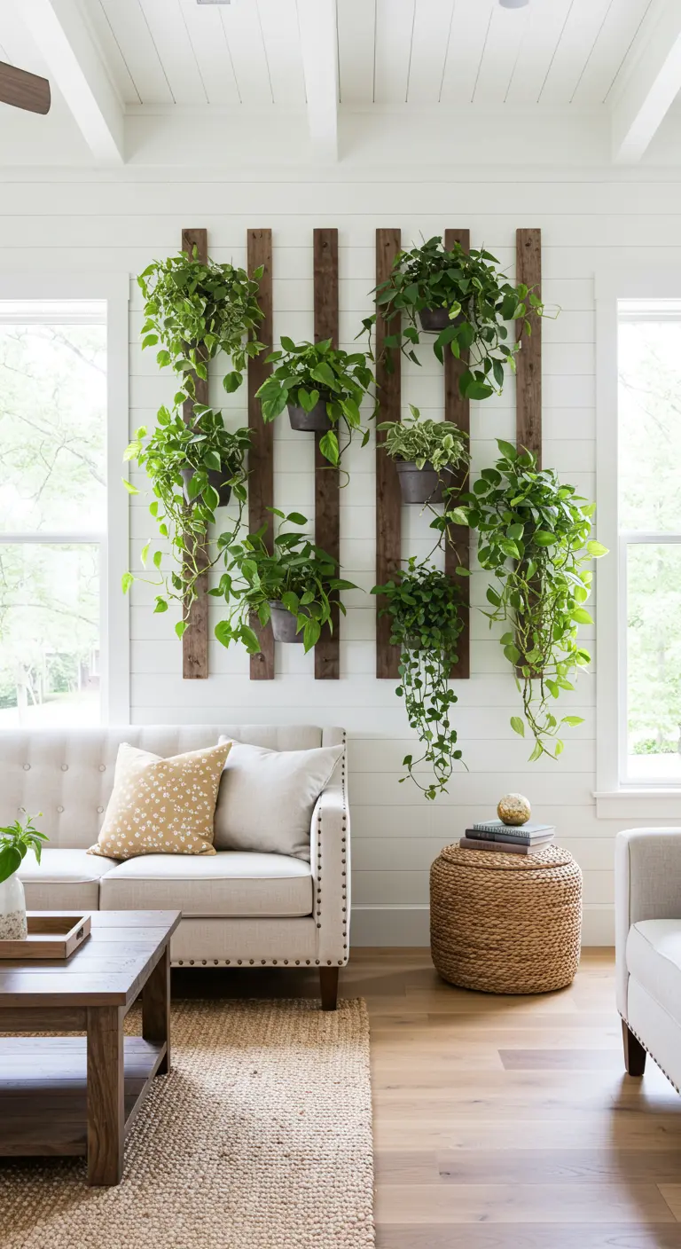 Lattes de bois verticales avec des seaux métalliques suspendus de plantes vertes, ambiance lumineuse.