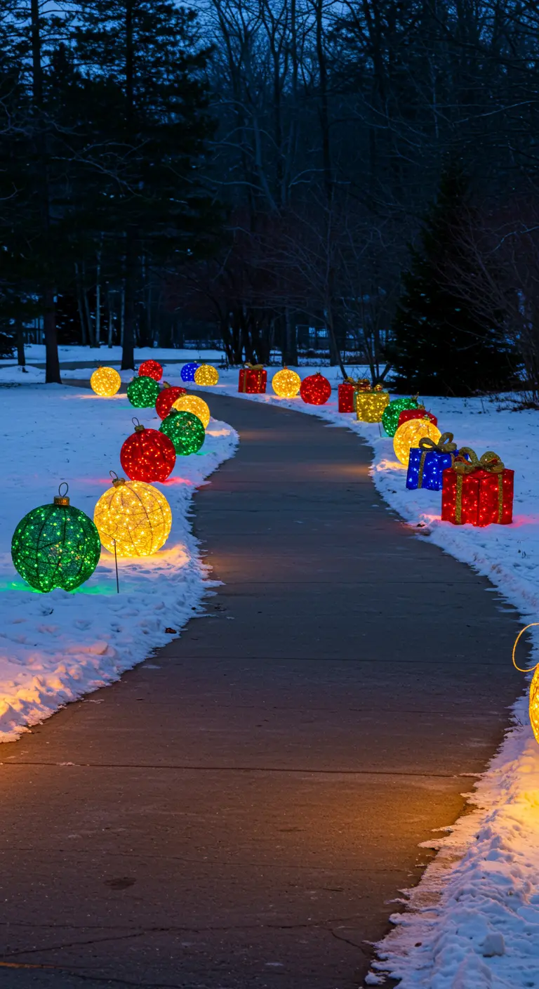 Allée enneigée bordée de grandes boules de Noël lumineuses multicolores et de paquets cadeaux géants éclairés.