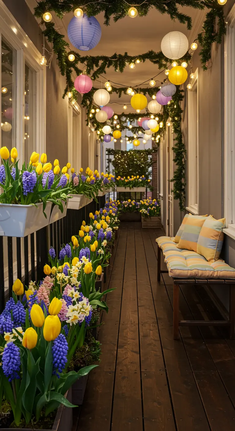 Long balcon fleuri de tulipes, jacinthes, muscaris, avec guirlandes lumineuses et lampions colorés.