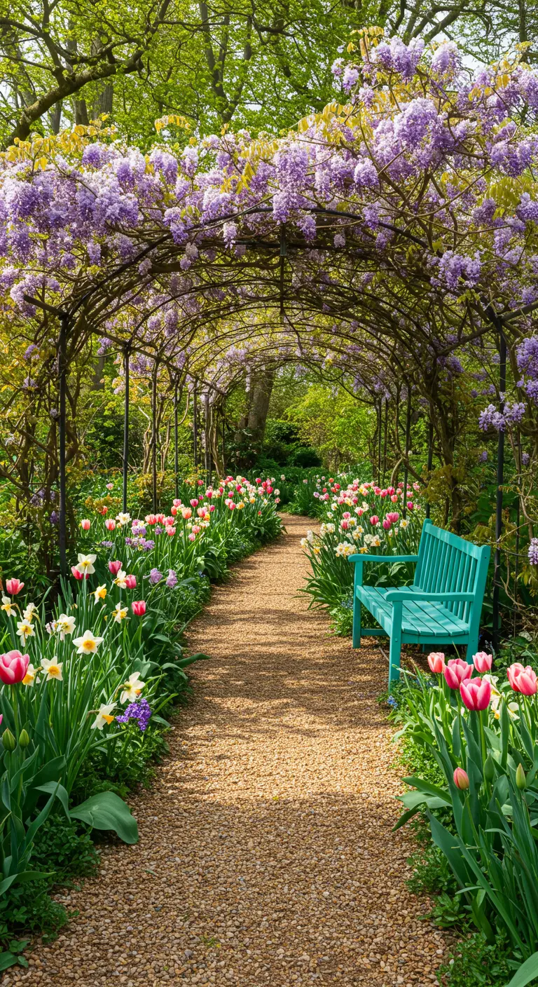 Allée de jardin ombragée par une glycine en fleurs, bordée de tulipes colorées et d'un banc turquoise.