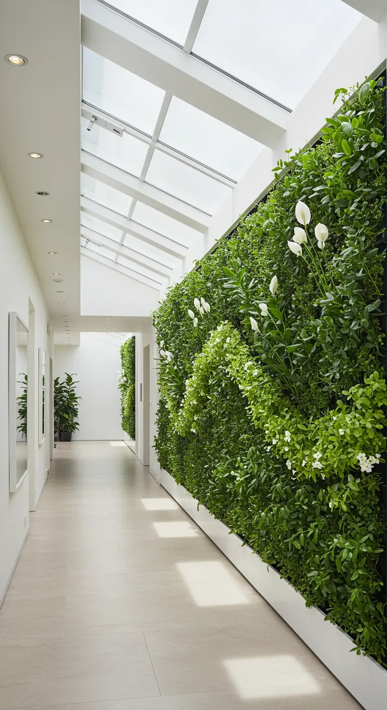 Long mur végétal dans un couloir lumineux avec des plantes vertes et des fleurs blanches.