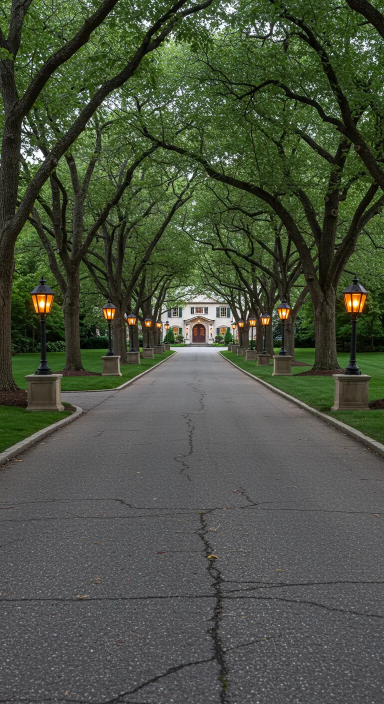 Longue allée d'entrée bordée de grands arbres et de réverbères classiques, menant à une grande maison.