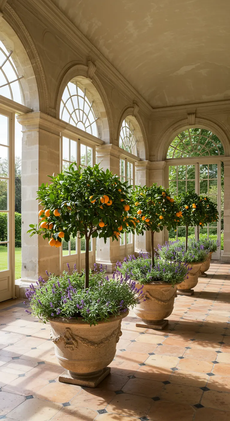 Allée d'orangers en pots ornés avec lavande dans une orangerie élégante.