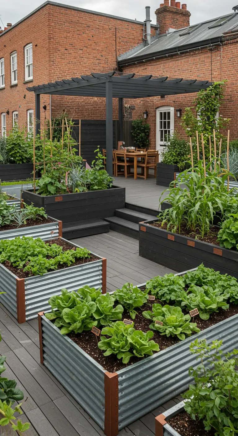 Potager avec jardinières en métal galvanisé et bois, sur une terrasse en bois.