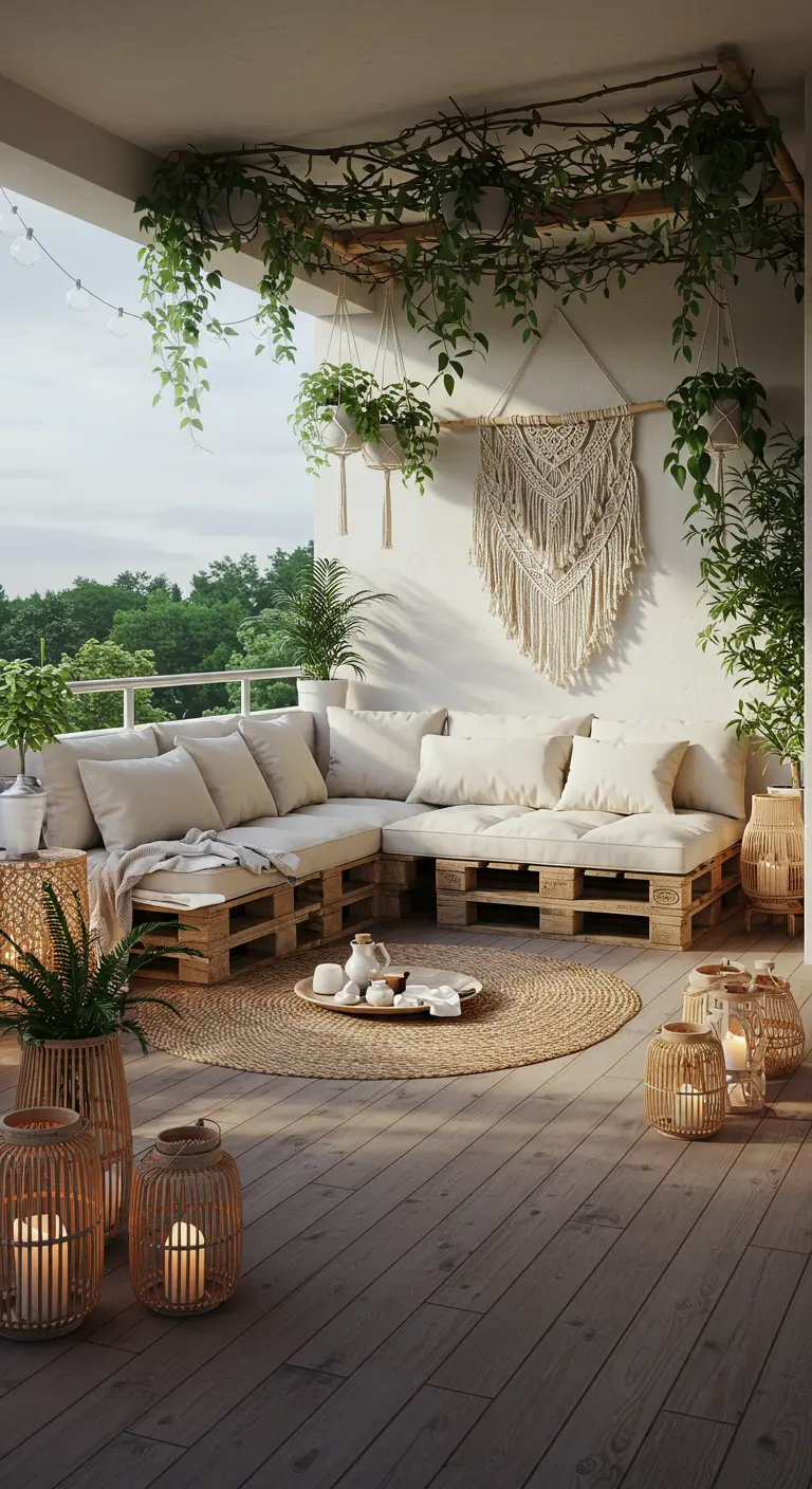 Terrasse avec salon d'angle fait de palettes, tapis en jute, lanternes et plantes suspendues.