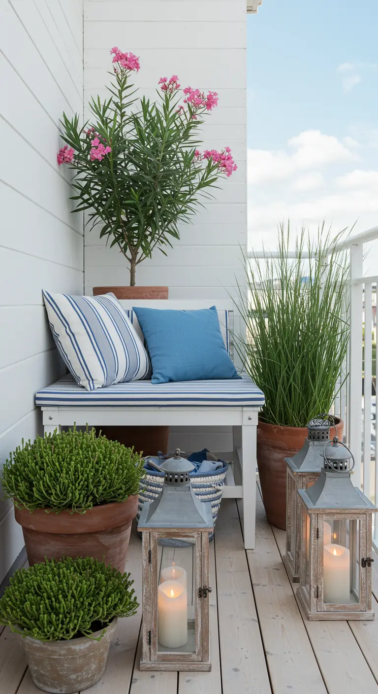 Balcon style bord de mer avec banquette blanche, coussins bleus et plantes en pot.