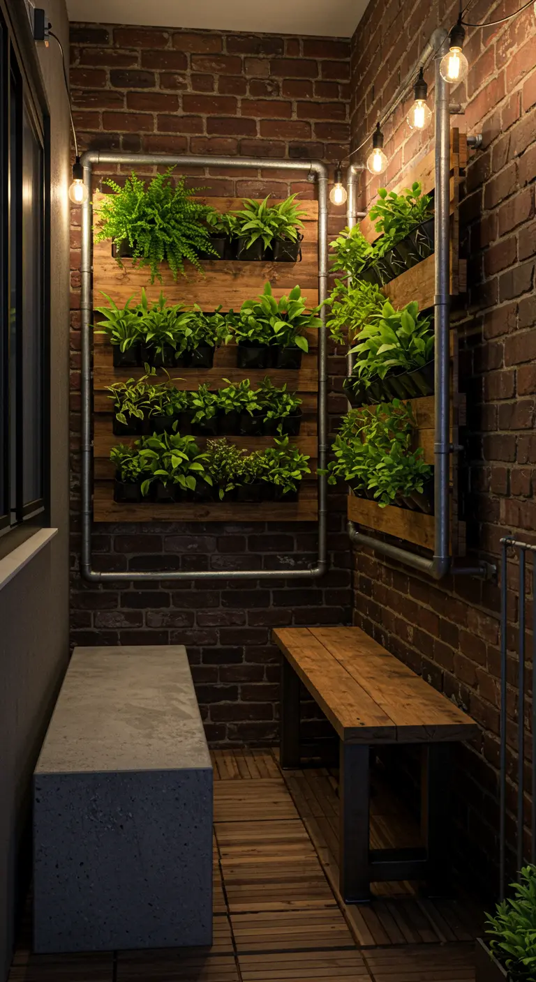 Balcon de style industriel avec murs végétaux en bois et tuyaux métalliques, éclairage vintage.