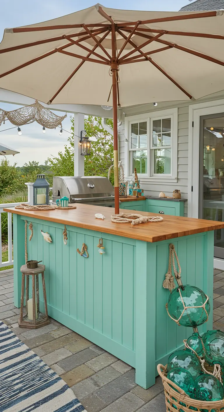 Cuisine extérieure de style marin vert menthe avec comptoir en bois, barbecue et éléments décoratifs côtiers.