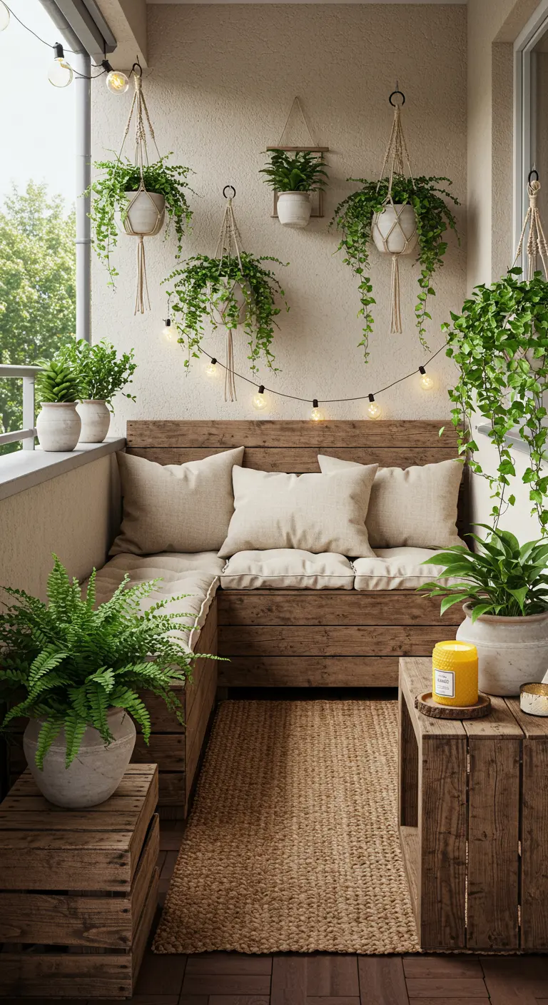Banquette en bois avec coussins écrus, nombreuses plantes vertes et tapis en jute