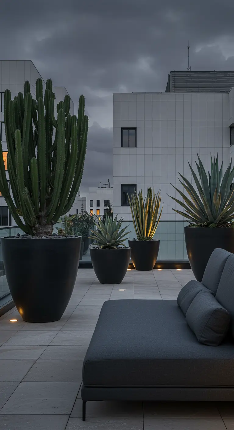 Grande terrasse moderne avec énormes pots sombres, cactus géants, chaise longue et éclairage indirect.