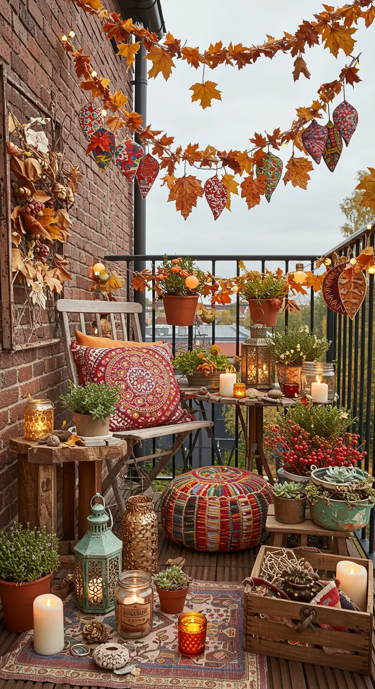 Balcon bohème coloré avec tapis, coussins, pouf, lanternes, plantes, fruits et guirlandes de feuilles et lampions.