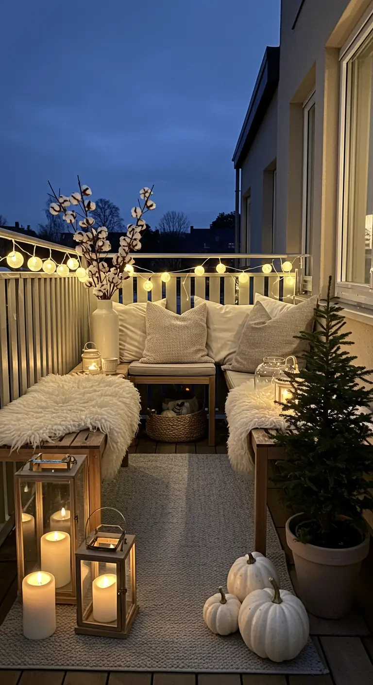 Balcon douillet avec banc, fourrure blanche, citrouilles blanches, lanternes et petit sapin.
