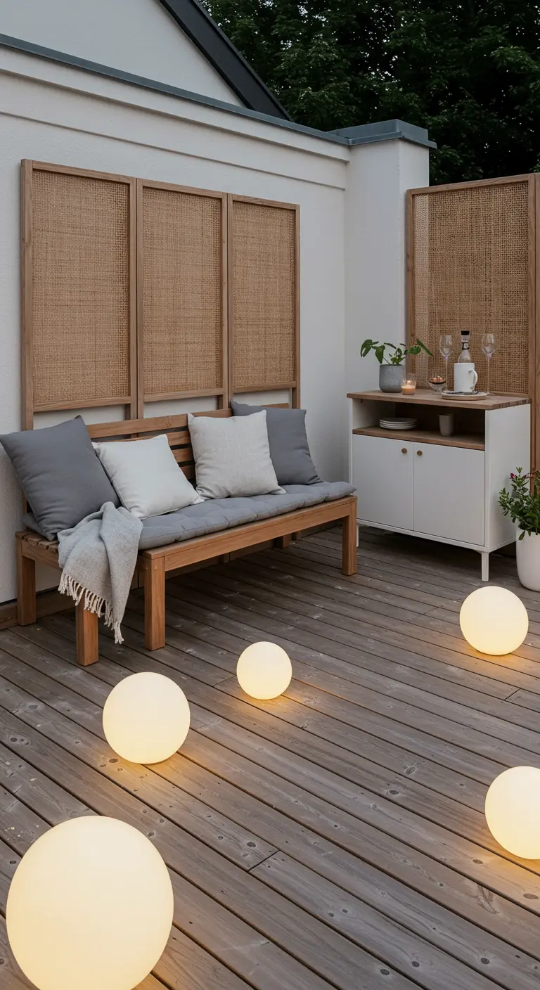 Terrasse moderne avec des panneaux muraux en rotin, un banc en bois et des boules lumineuses au sol.