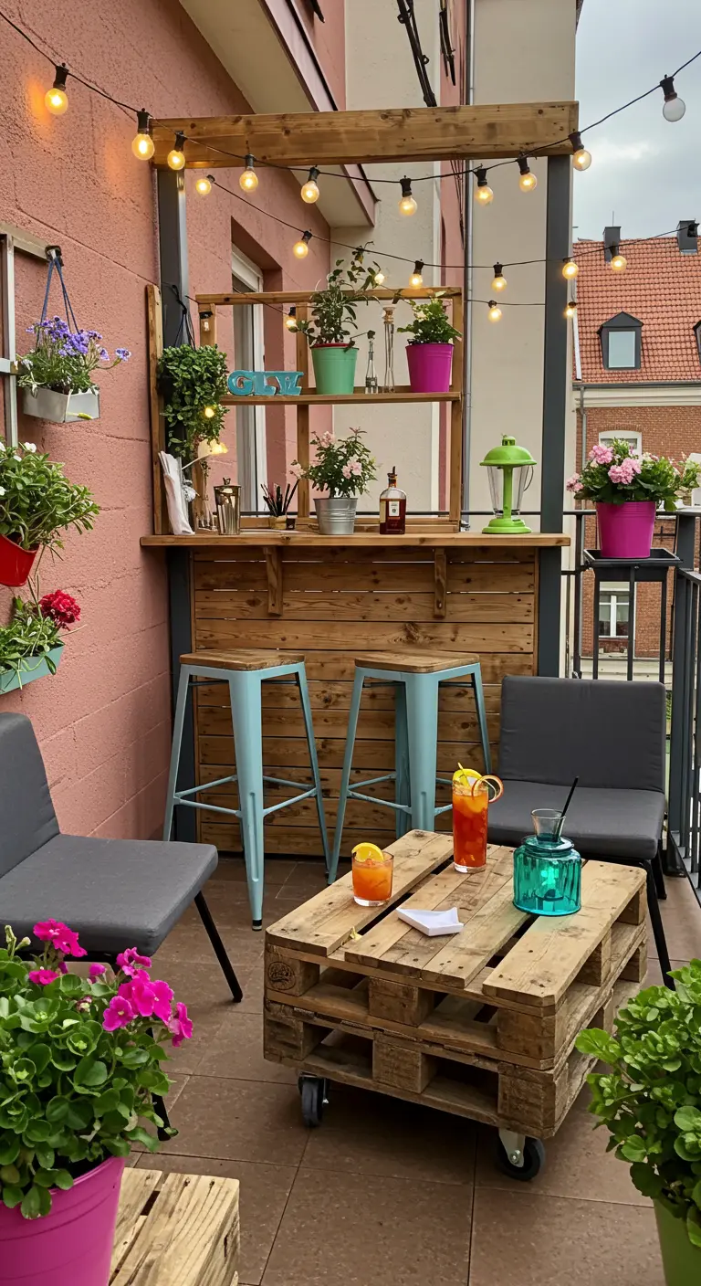 Balcon avec bar DIY, table basse palettes, tabourets, fleurs colorées, guirlande.