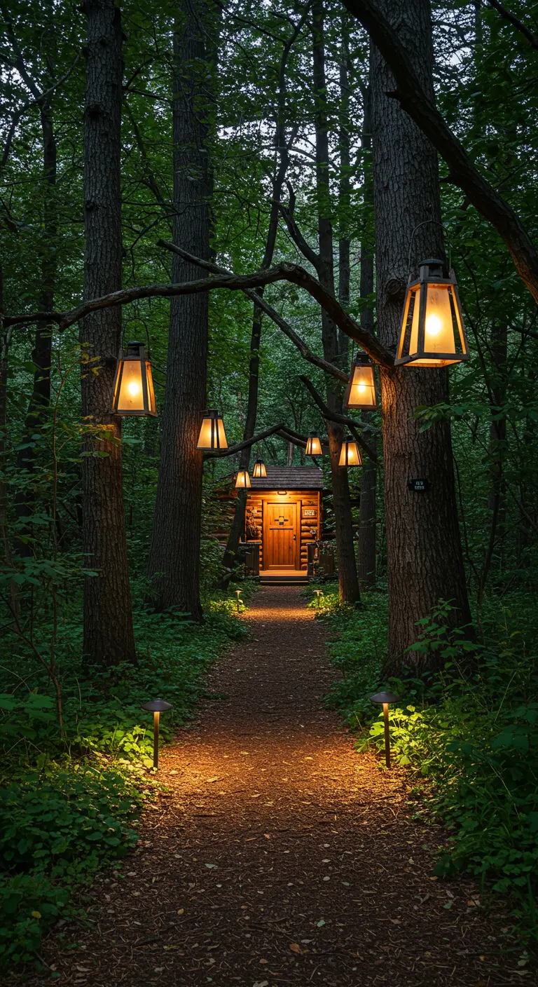 Chemin forestier menant à une cabane, éclairé par des lanternes suspendues aux arbres et des balises au sol.