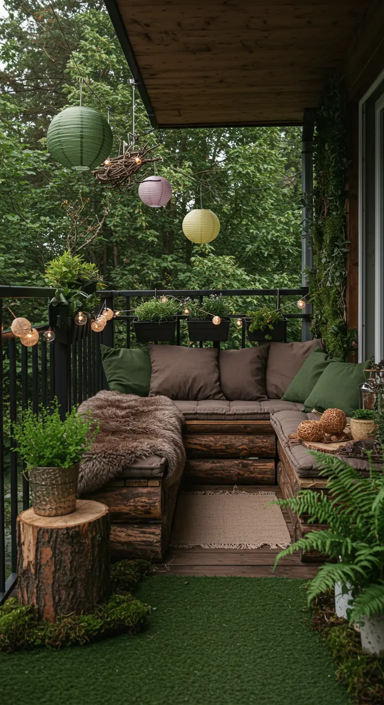 Balcon façon forêt enchantée avec banquette en rondins, coussins terre et lampions pastel.