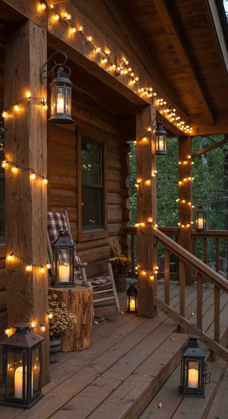 Porche de cabane en bois illuminé de guirlandes LED et de lanternes, avec rocking-chair et décor rustique.
