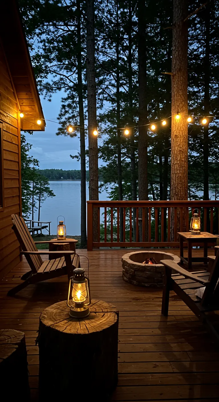 Terrasse de cabane en bois près d'un lac avec des lanternes traditionnelles et guirlandes.
