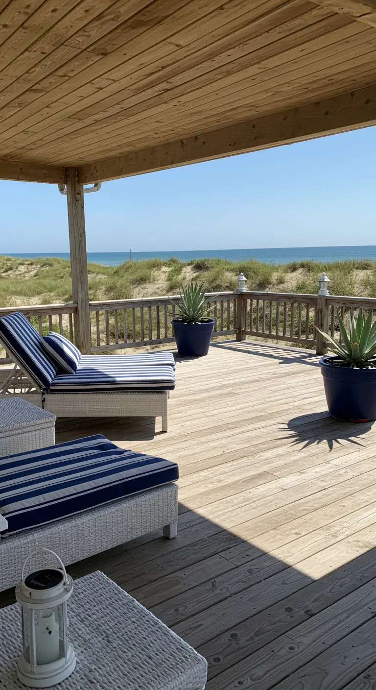 Terrasse en bois face à la mer avec transats à rayures bleues, agaves en pots bleus et lanternes blanches.