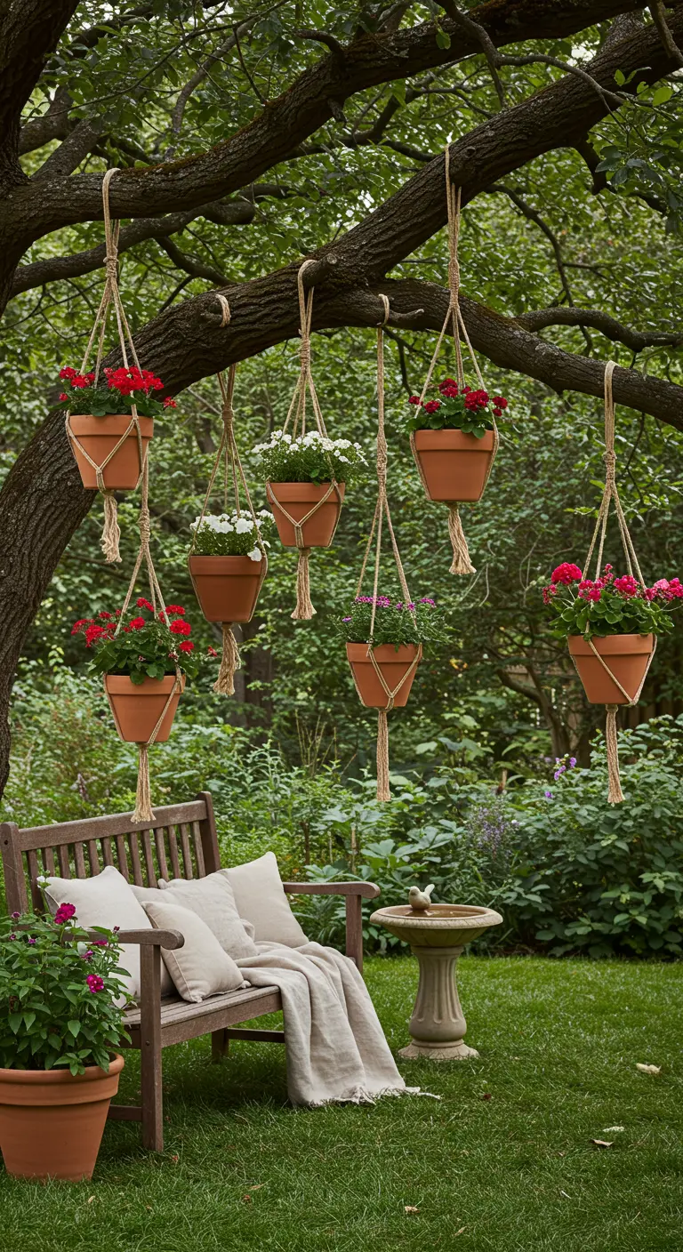 Pots en terre cuite fleuris suspendus par des cordes aux branches d'un grand arbre dans un jardin verdoyant.