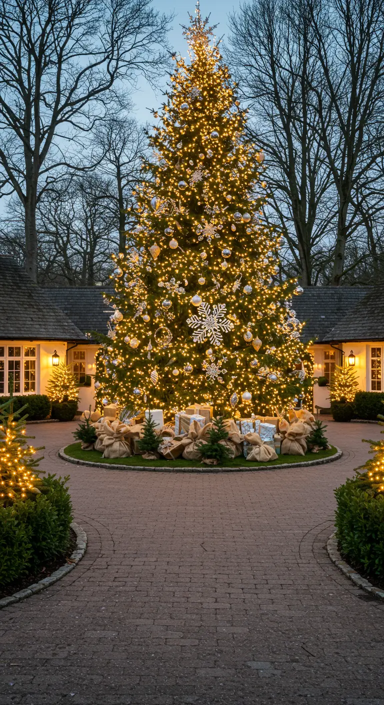 Très grand sapin de Noël extérieur illuminé de milliers de lumières, boules et cadeaux à son pied.