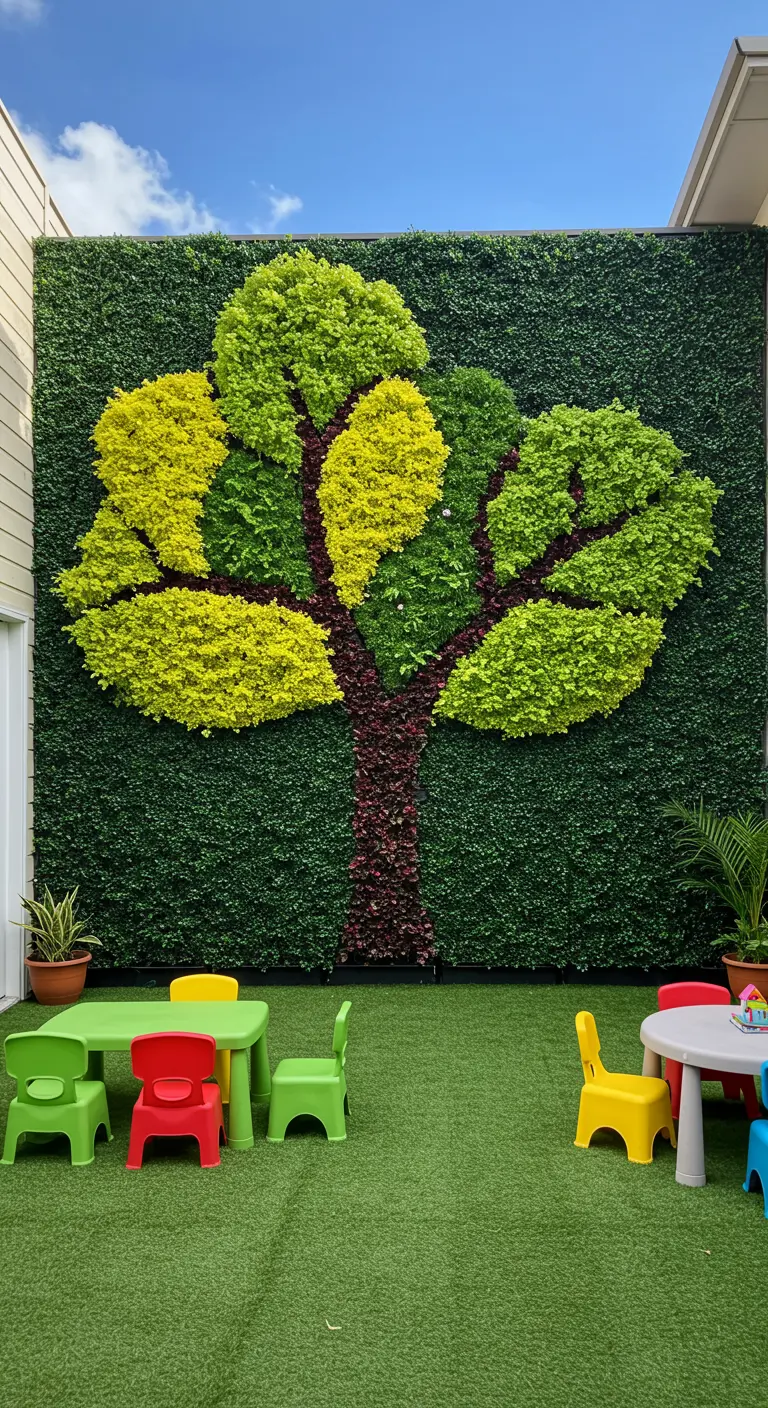Mur végétal extérieur avec un grand motif d'arbre en différentes nuances de vert et de rouge.