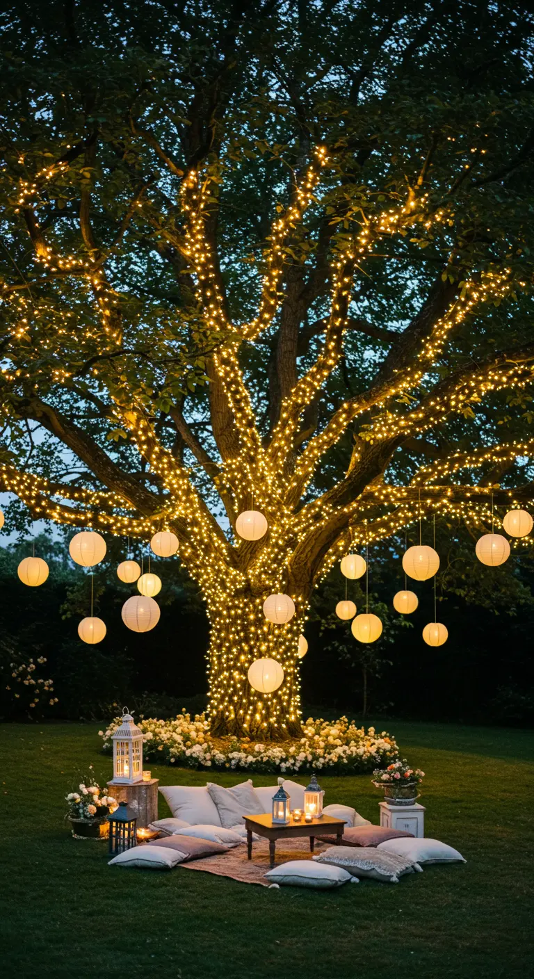 Grand arbre illuminé par des guirlandes et lampions, avec un salon cosy au pied.