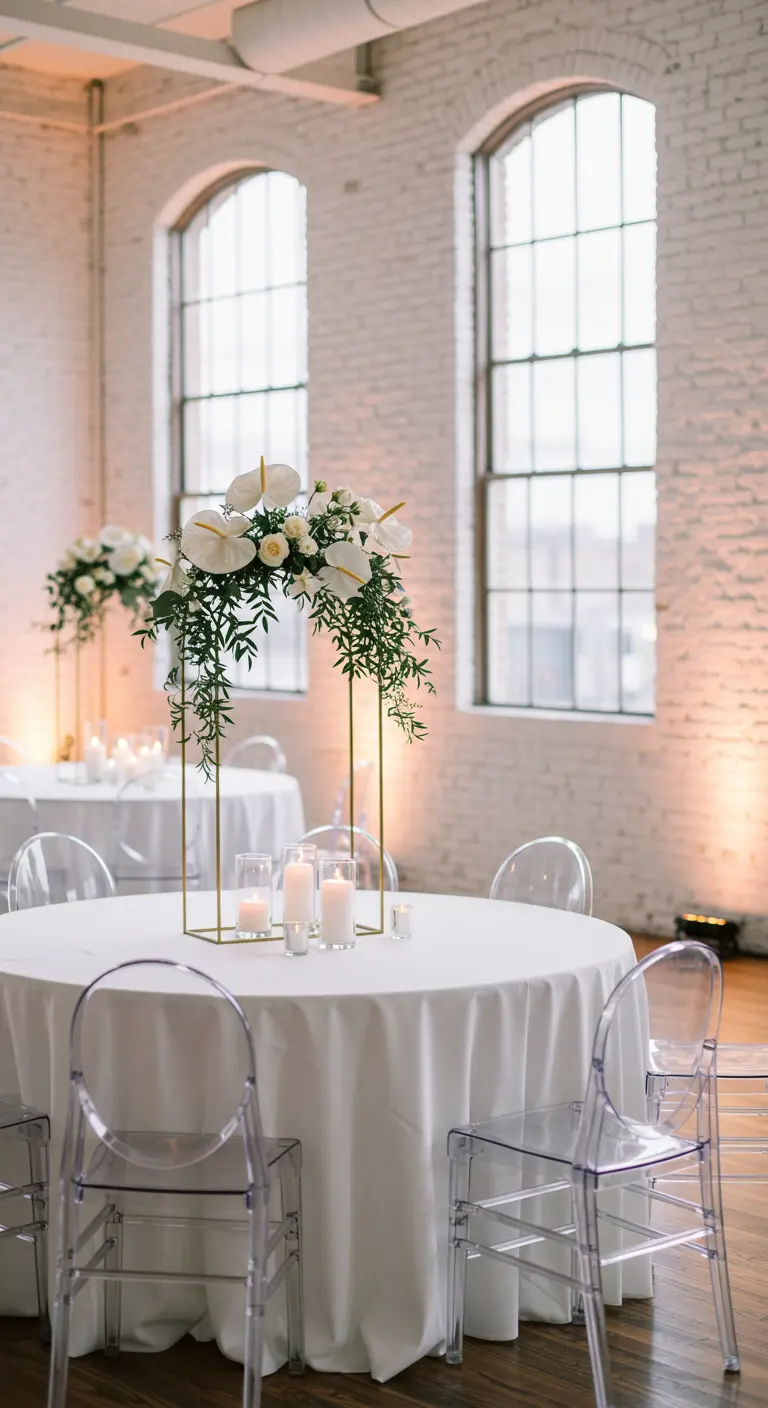 Table de mariage moderne avec arc floral doré, anthuriums blancs et bougies.