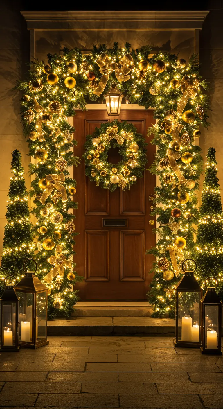 Porte d'entrée d'une maison richement décorée d'une arche de verdure illuminée, de couronnes et de grandes lanternes.