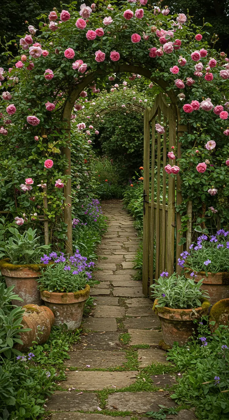Arche de roses grimpantes roses encadrant un chemin en pierre bordé de pots.