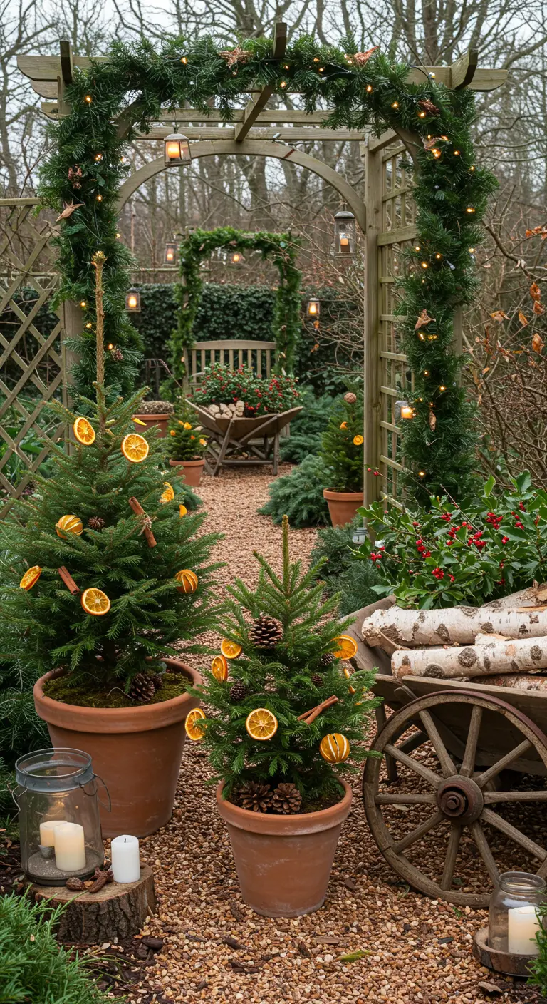 Arche de jardin décorée de sapin, petits sapins en pots avec oranges séchées, brouette en bois.