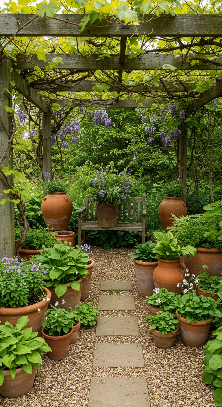 Pergola verdoyante couvrant un chemin de gravier avec des pots en terre cuite remplis de plantes.