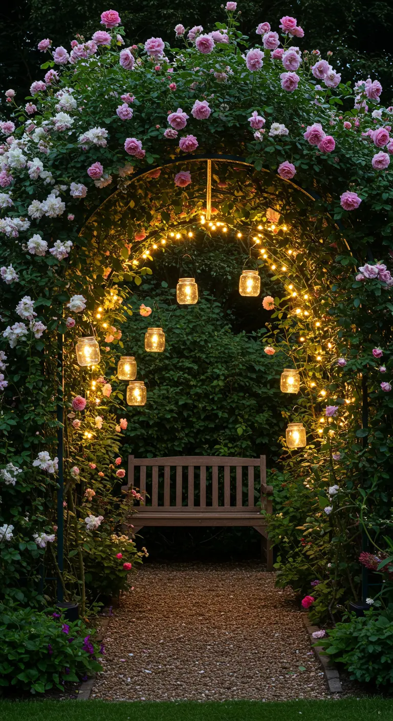 Arche de roses luxuriante avec des guirlandes lumineuses et des lampions en bocaux.