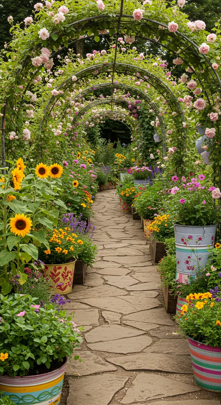 Allée de jardin sous des arches fleuries de roses, bordée de pots colorés et de tournesols.