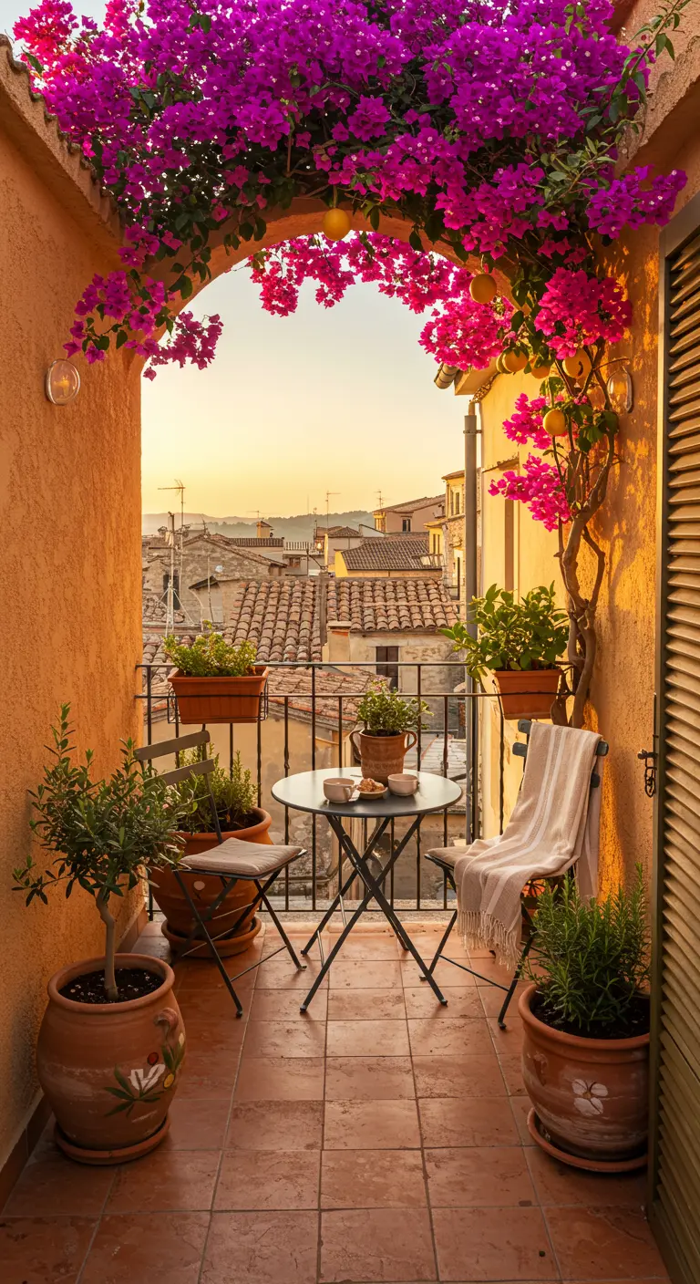 Petit balcon avec arche fleurie de bougainvillier violet, table bistro et pots d'herbes aromatiques.