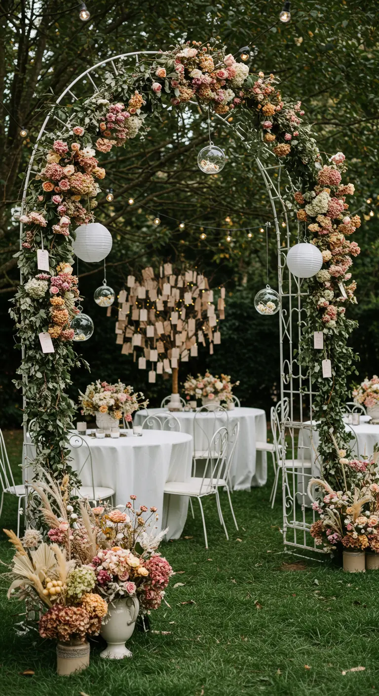 Arche florale luxuriante avec roses et verdure, tables rondes blanches, lanternes suspendues dans un jardin.