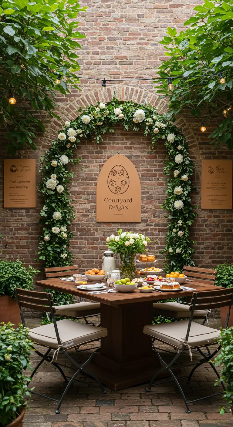 Cour intérieure avec table de repas intime, arche florale de roses blanches et panneau décoratif.
