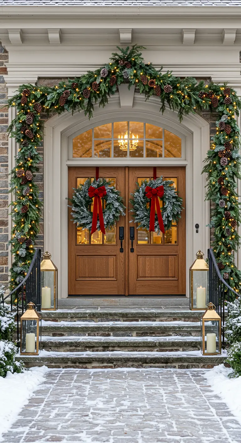 Arche de guirlandes lumineuses avec deux couronnes sur portes en bois, lanternes et neige.