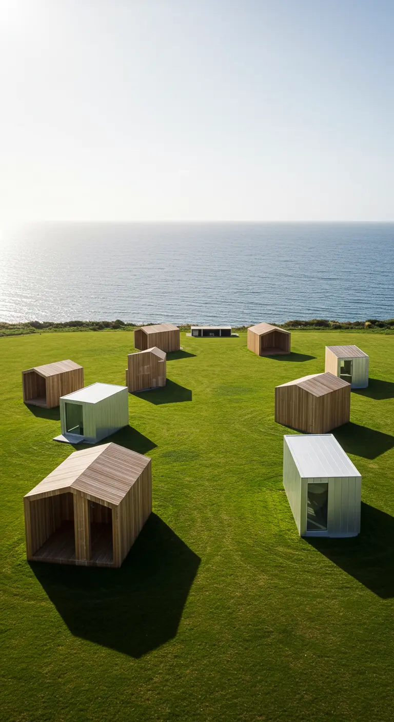 Cabanes minimalistes en bois et aluminium sur un champ d'herbe verte face à la mer.