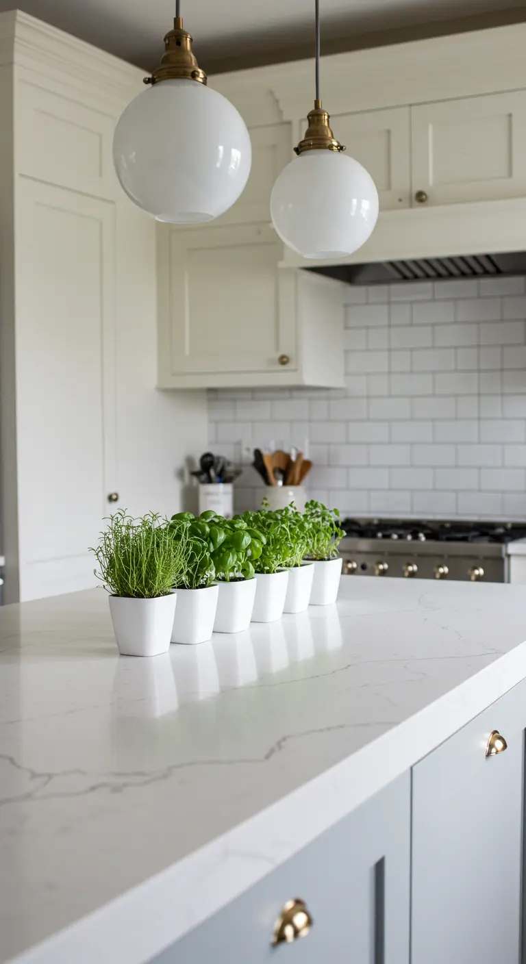 Ligne d'herbes aromatiques dans des petits pots blancs sur un îlot de cuisine lumineux.